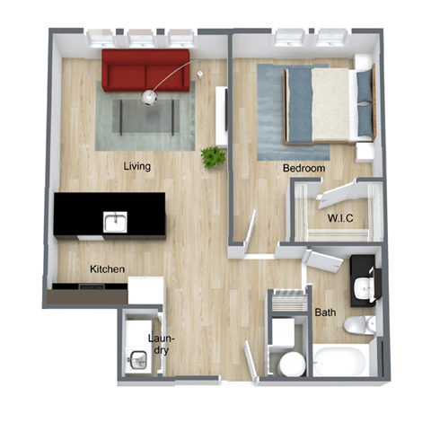 Floor plan for 1 bed, 1 bath, 675 sqft
